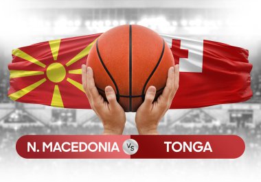 Kuzey Makedonya Tonga milli basketbol takımlarına karşı basketbol topu yarışma kupası konsepti imajı