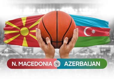 Kuzey Makedonya Azerbaycan milli basketbol takımlarına karşı basketbol maçı kupası konsepti