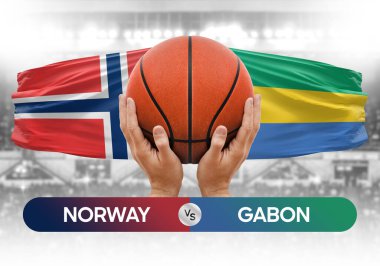 Norveç Gabon milli basketbol takımlarına karşı basketbol topu yarışma kupası konsepti