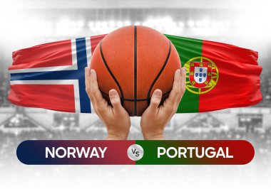 Norveç, Portekiz milli basketbol takımlarına karşı basketbol topu yarışma kupası konsepti imajı