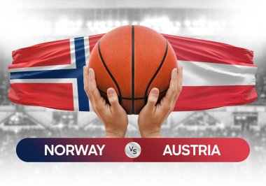 Norveç Avusturya milli basketbol takımlarına karşı basketbol topu yarışma kupası konsepti