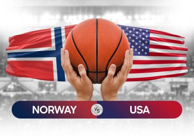 Norveç, ABD milli basketbol takımlarına karşı basketbol topu yarışma kupası konsepti