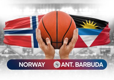 Norveç, Antigua ve Barbuda milli basketbol takımlarına karşı basketbol topu yarışma kupası konsepti imajı