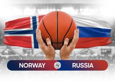 Norveç, Rusya milli basketbol takımlarına karşı basketbol topu yarışma kupası konsepti imajı