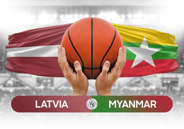 Letonya, Myanmar Millî Basketbol Takımı 'na karşı basketbol topu yarışma kupası konsepti