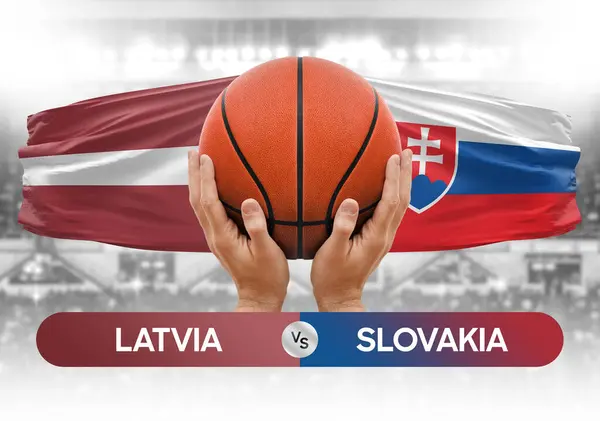 Stock image Latvia vs Slovakia national basketball teams basket ball match competition cup concept image