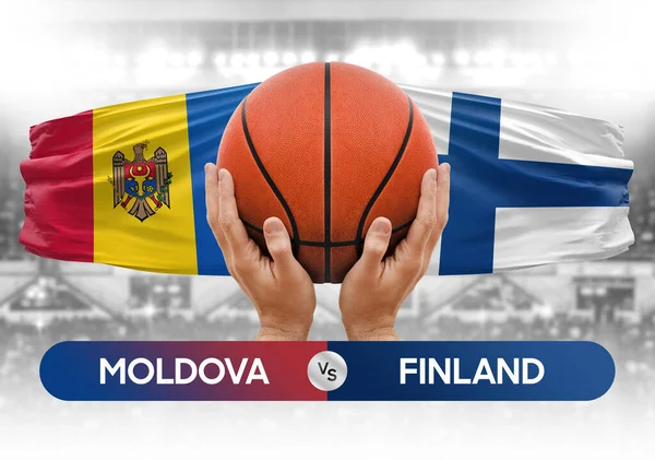 Moldova, Finlandiya milli basketbol takımlarına karşı basketbol topu yarışma kupası konsepti imajı