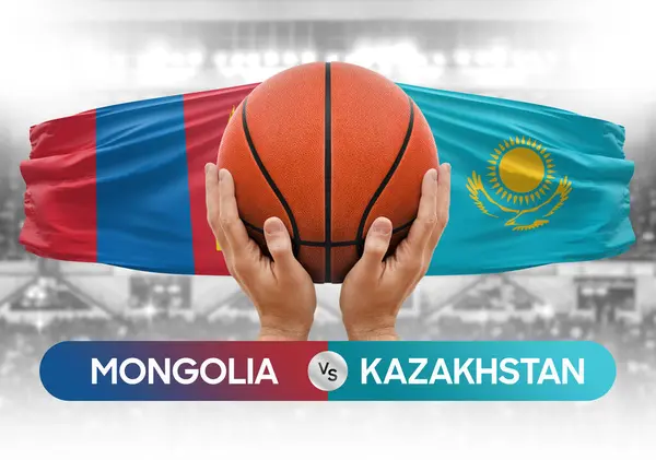 Moğolistan Kazakistan milli basketbol takımlarına karşı basketbol topu yarışma kupası konsepti