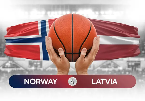 Norveç Letonya milli basketbol takımlarına karşı basketbol topu yarışma kupası konsepti imajı