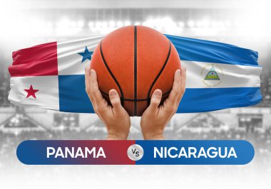 Panama Nikaragua milli basketbol takımlarına karşı basketbol topu yarışma kupası konsepti