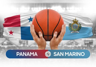 Panama, San Marino milli basketbol takımlarına karşı basketbol topu yarışma kupası konsepti imajı