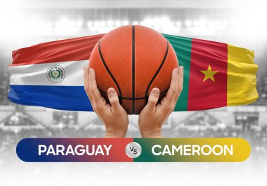 Paraguay Kamerun 'a karşı milli basketbol takımları basket topu yarışma kupası konsepti