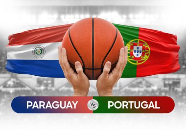 Paraguay, Portekiz milli basketbol takımlarına karşı basketbol topu yarışma kupası konsepti imajı