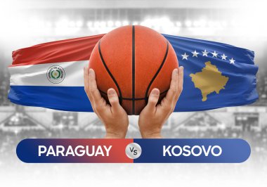 Paraguay Kosova milli basketbol takımlarına karşı basketbol topu yarışma kupası konsepti imajı