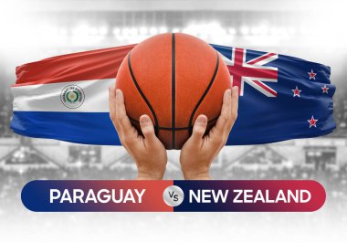 Paraguay, Yeni Zelanda 'ya karşı milli basketbol takımları basketbol topu yarışma kupası konsepti
