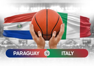 Paraguay İtalya milli basketbol takımlarına karşı basketbol topu yarışma kupası konsepti