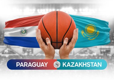 Paraguay Kazakistan milli basketbol takımlarına karşı basketbol topu yarışma kupası konsepti