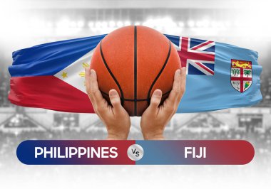 Filipinler Fiji milli basketbol takımlarına karşı basketbol topu yarışma kupası konsepti