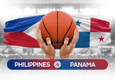 Filipinler Panama milli basketbol takımlarına karşı basketbol topu yarışma kupası konsepti