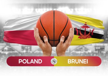 Polonya Brunei milli basketbol takımlarına karşı basketbol topu yarışma kupası konsepti