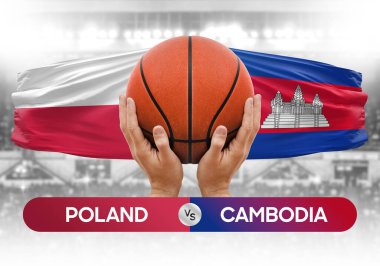 Polonya Kamboçya milli basketbol takımlarına karşı basketbol topu yarışma kupası konsepti