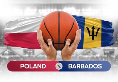 Polonya Barbados milli basketbol takımlarına karşı basketbol topu yarışma kupası konsepti imajı