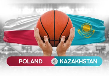 Polonya Kazakistan milli basketbol takımlarına karşı basketbol topu yarışma kupası konsepti