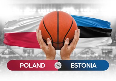 Polonya, Estonya milli basketbol takımlarına karşı basketbol topu yarışma kupası konsepti imajı