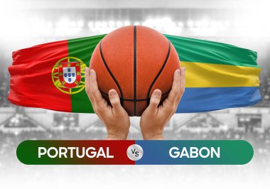 Portekiz Gabon milli basketbol takımlarına karşı basketbol topu yarışma kupası konsepti