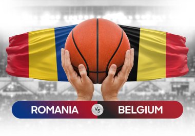 Romanya, Belçika milli basketbol takımlarına karşı basketbol topu yarışma kupası konsepti imajı
