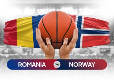 Romanya Norveç milli basketbol takımlarına karşı basketbol topu yarışma kupası konsepti