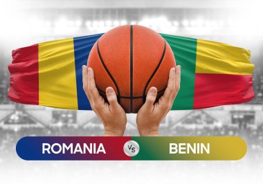 Romanya, Benin milli basketbol takımlarına karşı basketbol topu yarışma kupası konsepti imajı