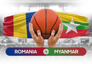 Romanya Myanmar milli basketbol takımlarına karşı basketbol topu yarışma kupası konsepti imajı