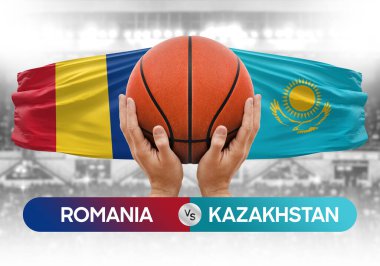 Romanya Kazakistan milli basketbol takımlarına karşı basketbol maçı kupası konsepti imajı