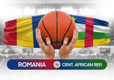 Romanya Orta Afrika Cumhuriyeti milli basketbol takımlarına karşı basketbol topu yarışma kupası konsepti imajı