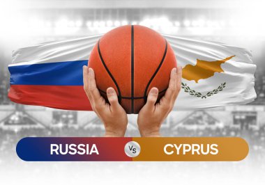 Rusya Kıbrıs Rum Kesimi milli basketbol takımlarına karşı basketbol topu yarışma kupası konsepti imajı