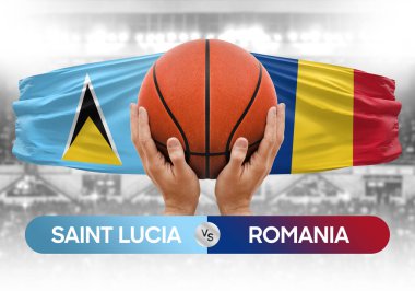 Saint Lucia Romanya milli basketbol takımlarına karşı basketbol topu yarışma kupası konsepti imajı