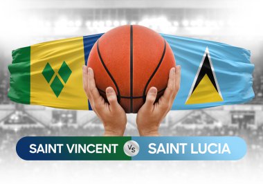 Saint Vincent Grenadines, Saint Lucia Ulusal Basketbol Takımı 'na karşı basketbol topu yarışma kupası konsepti