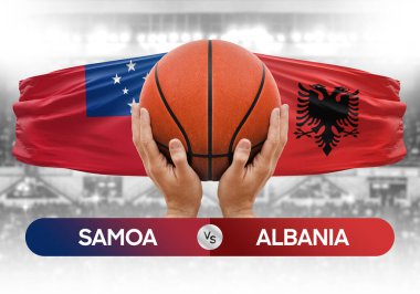 Samoa Arnavutluk milli basketbol takımlarına karşı basketbol topu yarışma kupası konsepti imajı