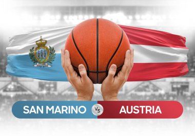 San Marino Avusturya milli basketbol takımlarına karşı basketbol topu yarışma kupası konsepti imajı