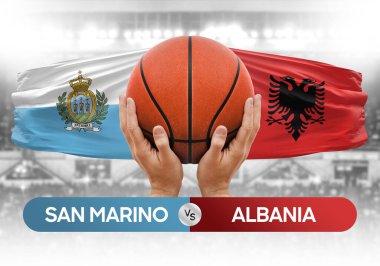San Marino Arnavutluk milli basketbol takımlarına karşı basketbol topu yarışma kupası konsepti imajı