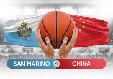 San Marino, Çin milli basketbol takımlarına karşı basketbol topu yarışma kupası imajı.