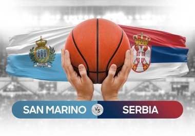 San Marino Sırbistan milli basketbol takımlarına karşı basketbol topu yarışma kupası konsepti imajı