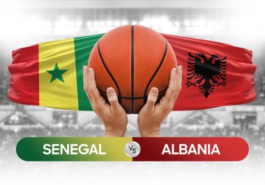 Senegal Arnavutluk milli basketbol takımlarına karşı basketbol topu yarışma kupası konsepti imajı