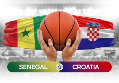 Senegal Hırvatistan milli basketbol takımlarına karşı basketbol topu yarışma kupası konsepti imajı