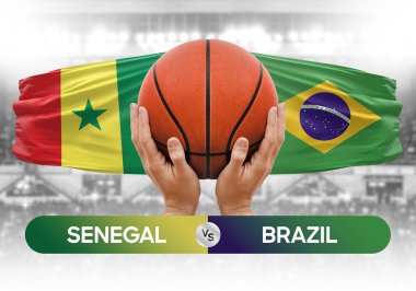 Senegal Brezilya milli basketbol takımlarına karşı basketbol topu yarışma kupası konsepti