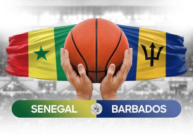 Senegal Barbados 'a karşı milli basketbol takımları basketbol topu yarışma kupası konsepti imajı