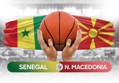 Senegal, Kuzey Makedonya milli basketbol takımlarına karşı basketbol topu yarışma kupası konsepti imajı