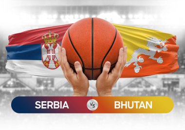 Sırbistan Bhutan milli basketbol takımlarına karşı basketbol topu yarışma kupası konsepti