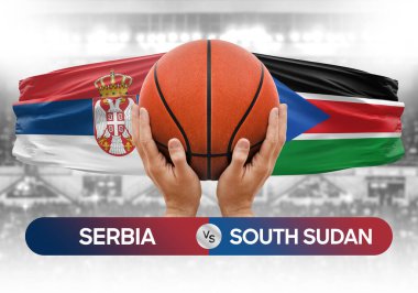 Sırbistan Güney Sudan milli basketbol takımlarına karşı basketbol topu yarışma kupası konsepti imajı